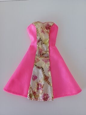 Vintage Barbie Doll Pink And Gold Flower Strapless Dress Collectible